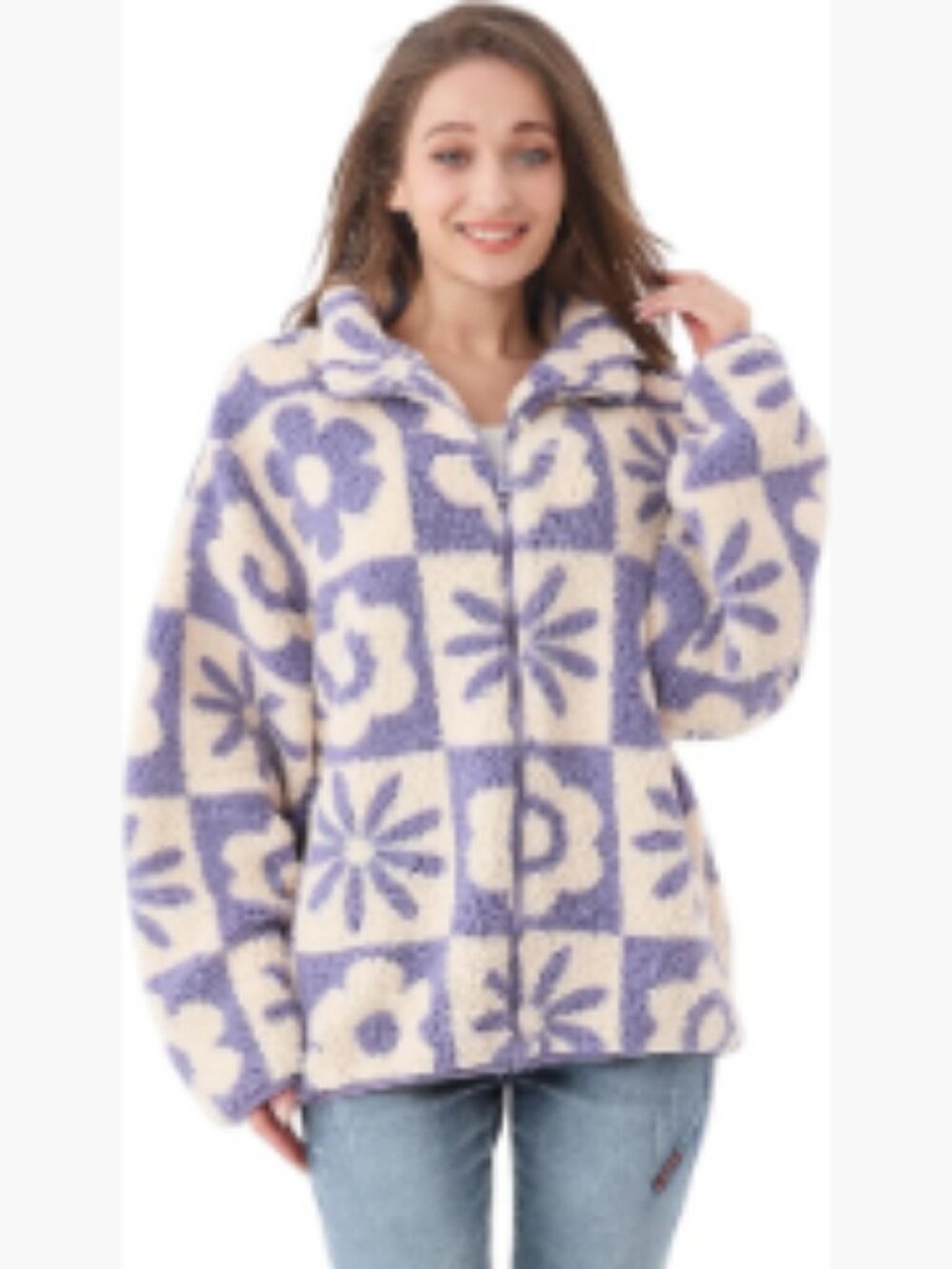 Floral Print Sherpa Fleece Jacket Long Sleeve Zipper Cropped Coat